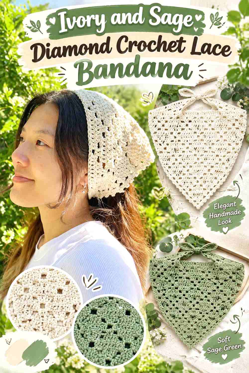 1. Ivory And Sage Diamond Crochet Lace Bandana