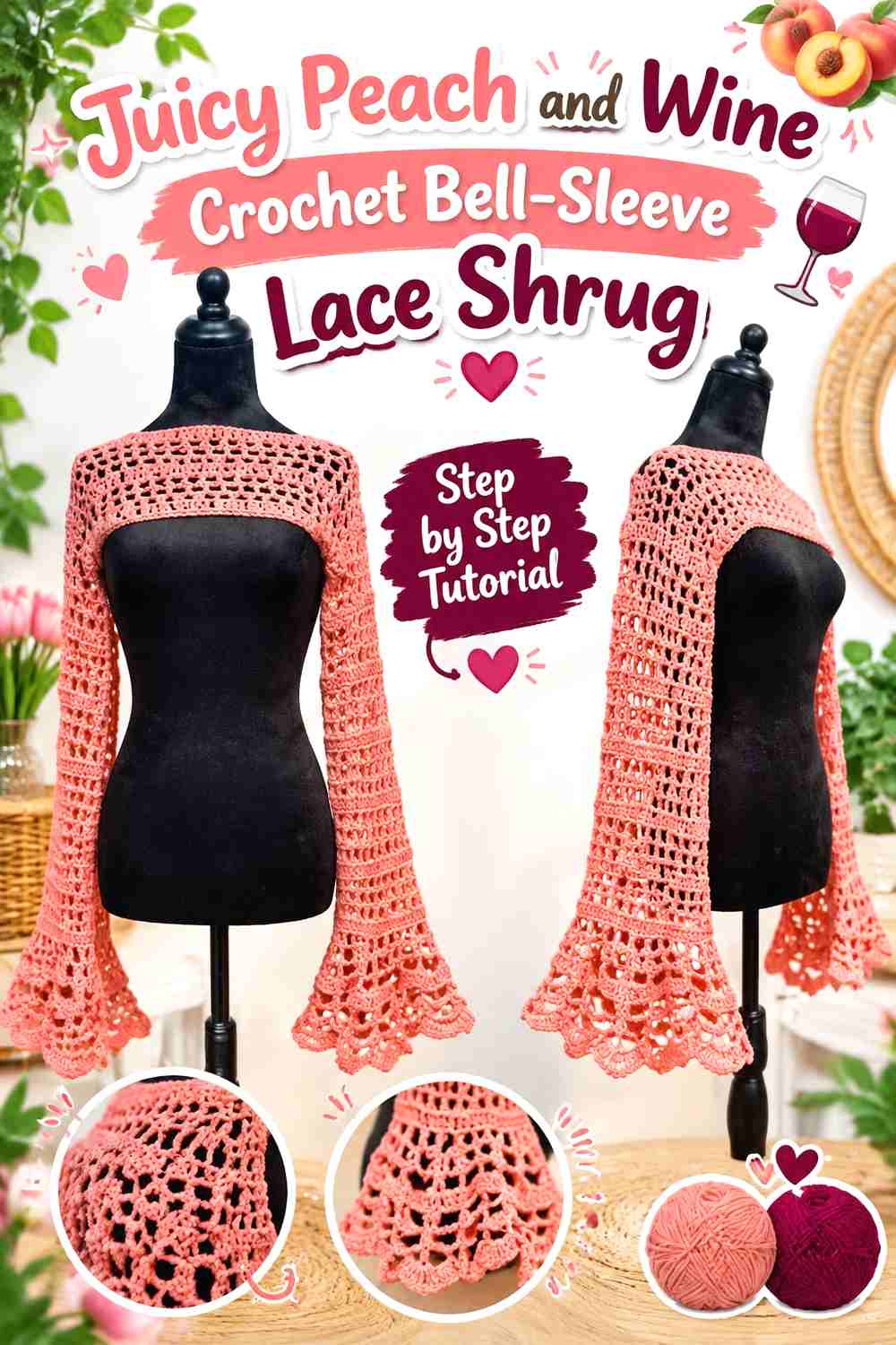 1. Juicy Peach and Wine Crochet Bell-Sleeve Lace Shrug