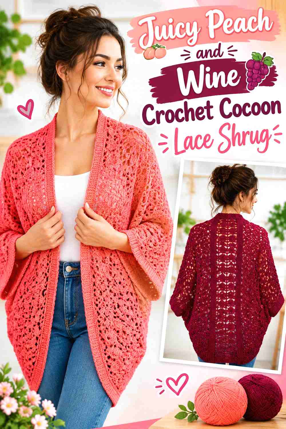 3. Juicy Peach and Wine Crochet Cocoon Lace Shrug