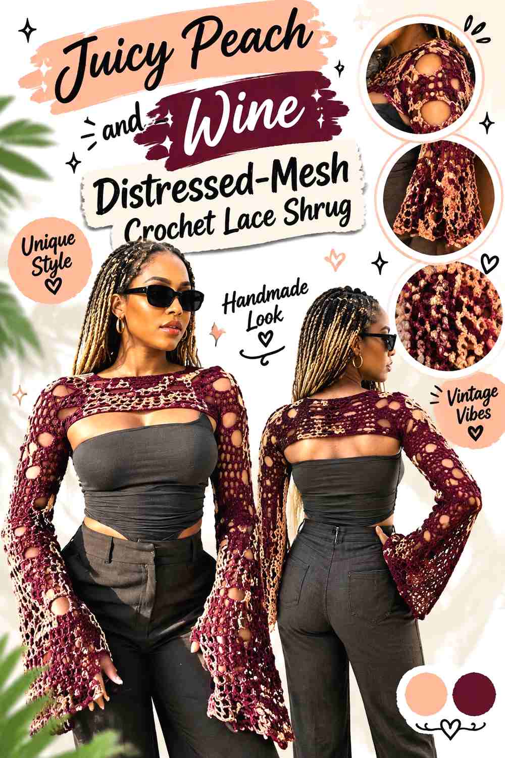 5. Juicy Peach and Wine Distressed-Mesh Crochet Lace Shrug