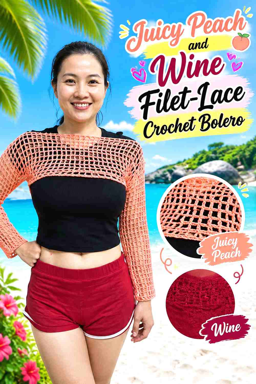 4. Juicy Peach and Wine Filet-Lace Crochet Bolero
