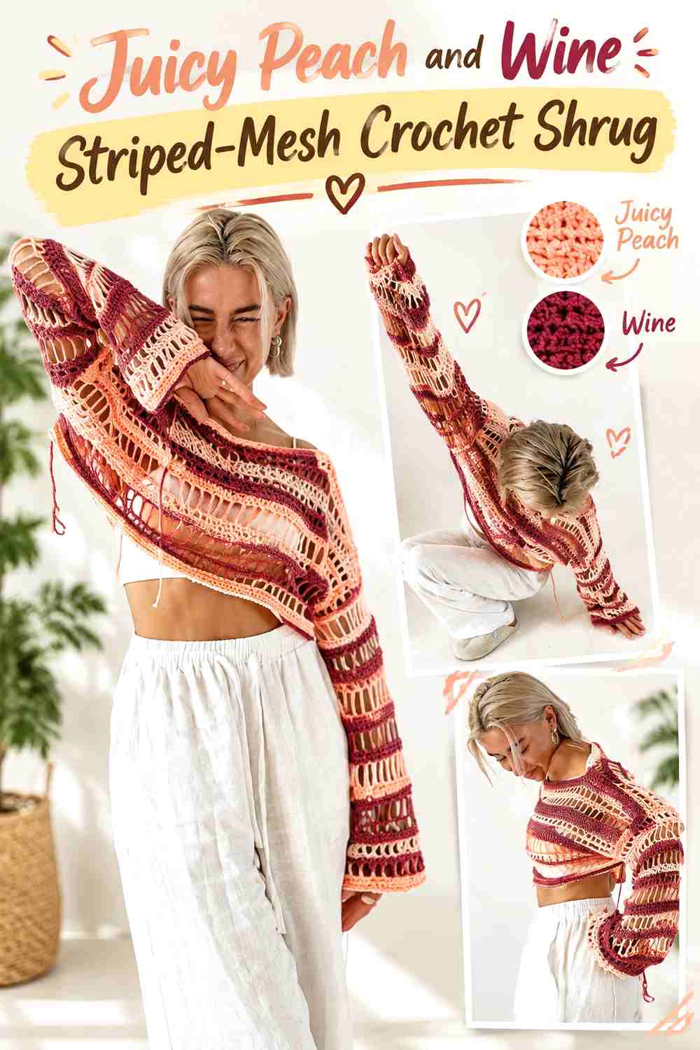 16. Juicy Peach and Wine Striped-Mesh Crochet Shrug