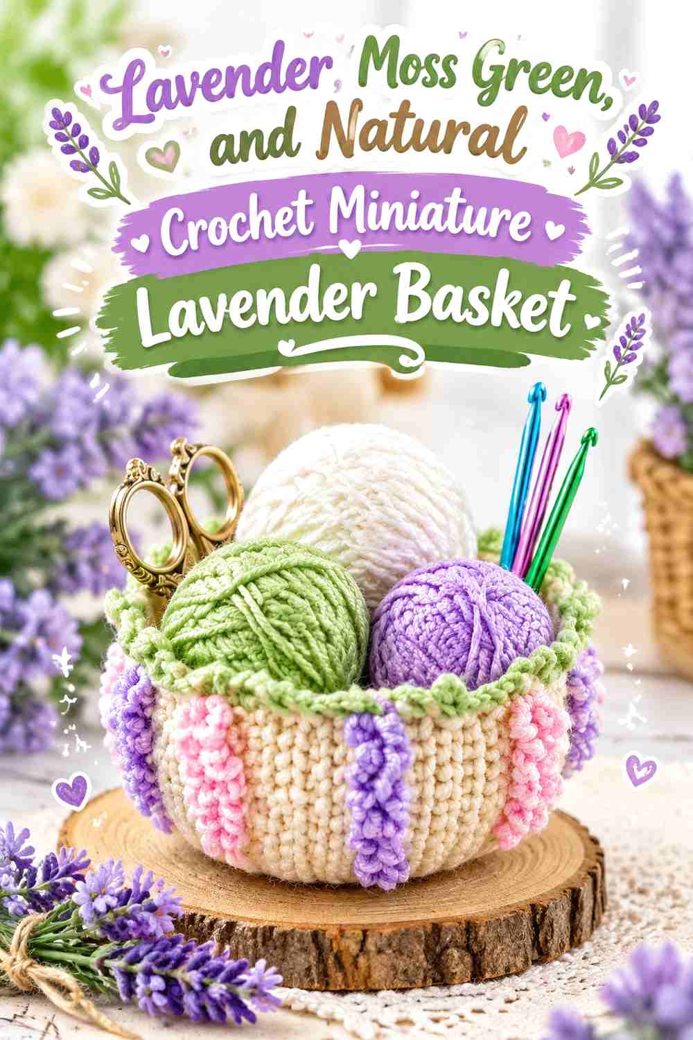 2. Lavender Moss Green And Natural Crochet Miniature Lavender Basket