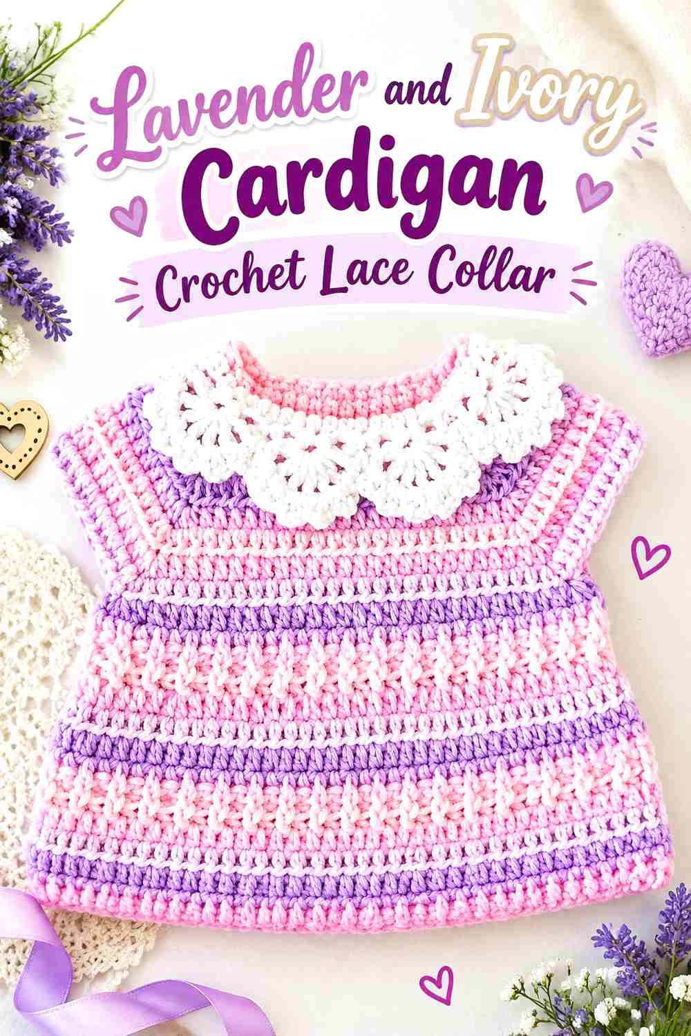 10. Lavender And Ivory Cardigan Crochet Lace Collar