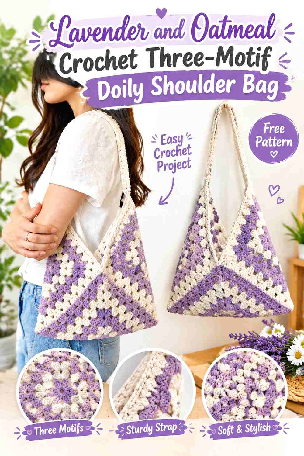 15. Lavender And Oatmeal Crochet Three Motif Doily Shoulder Bag