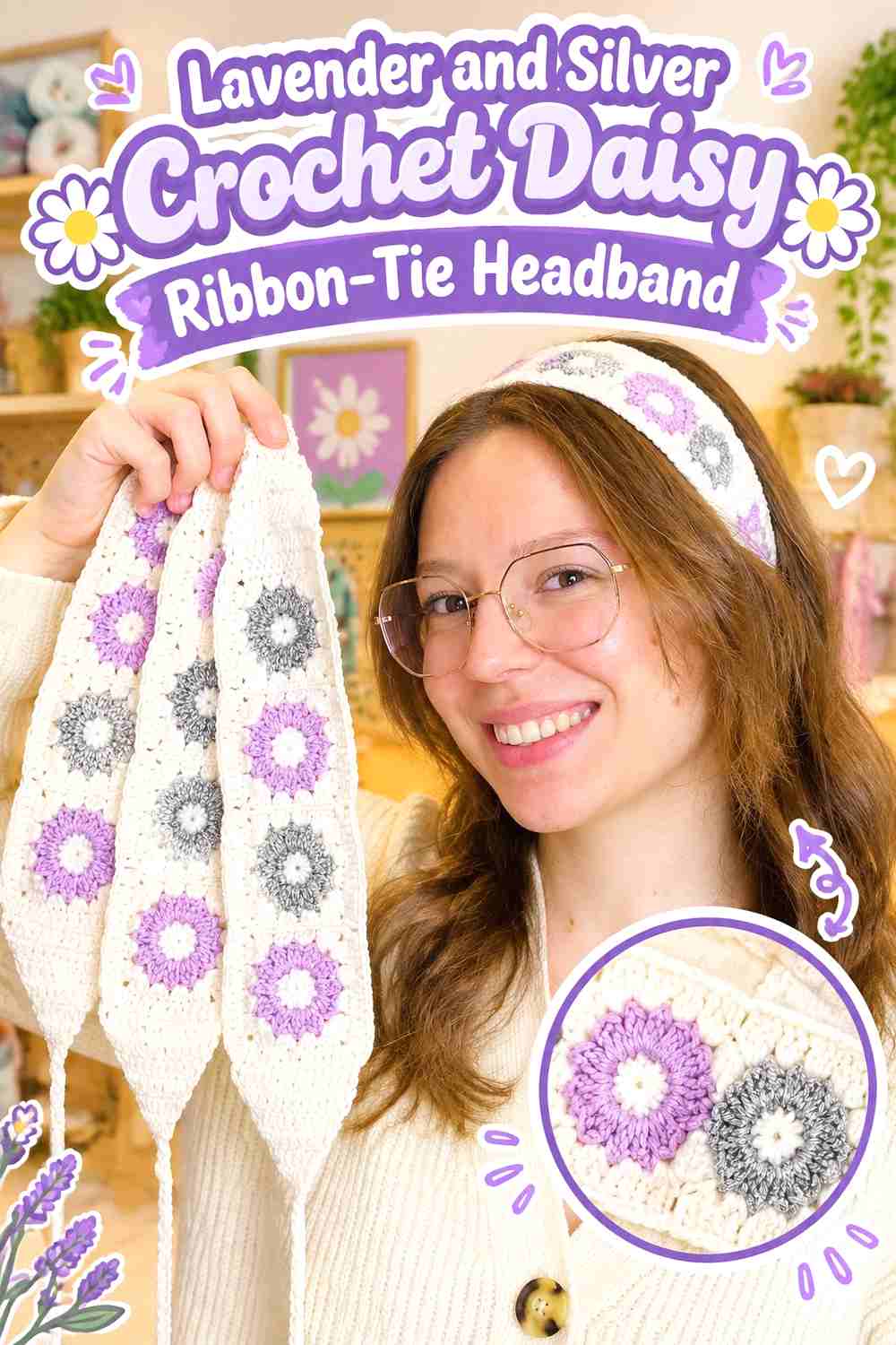 5. Lavender And Silver Crochet Daisy Ribbon Tie Headband