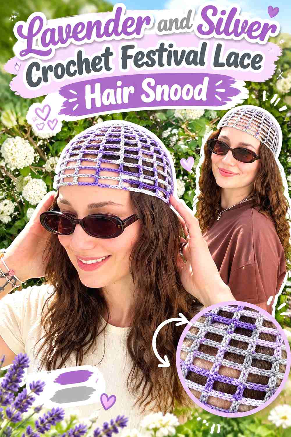 6. Lavender And Silver Crochet Festival Lace Hair Snood