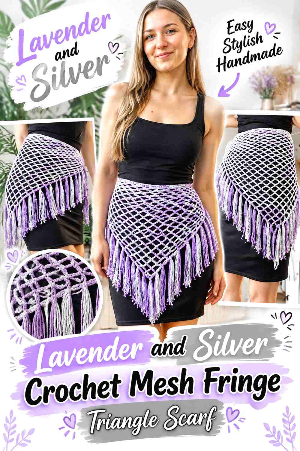 8. Lavender And Silver Crochet Mesh Fringe Triangle Scarf