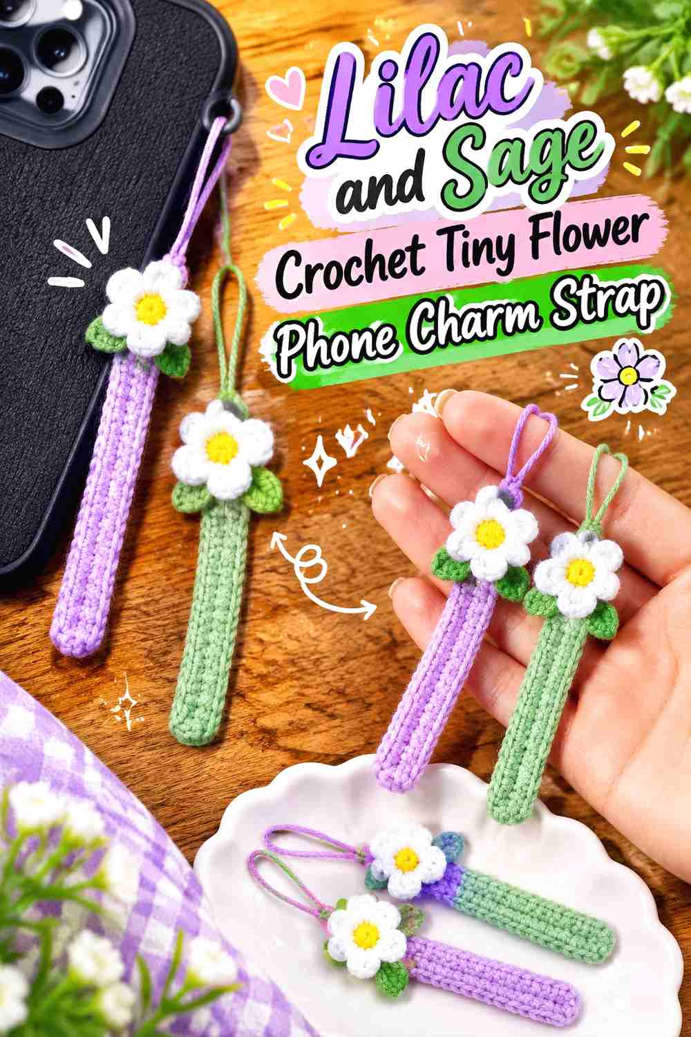 5. Lilac And Sage Crochet Tiny Flower Phone Charm Strap