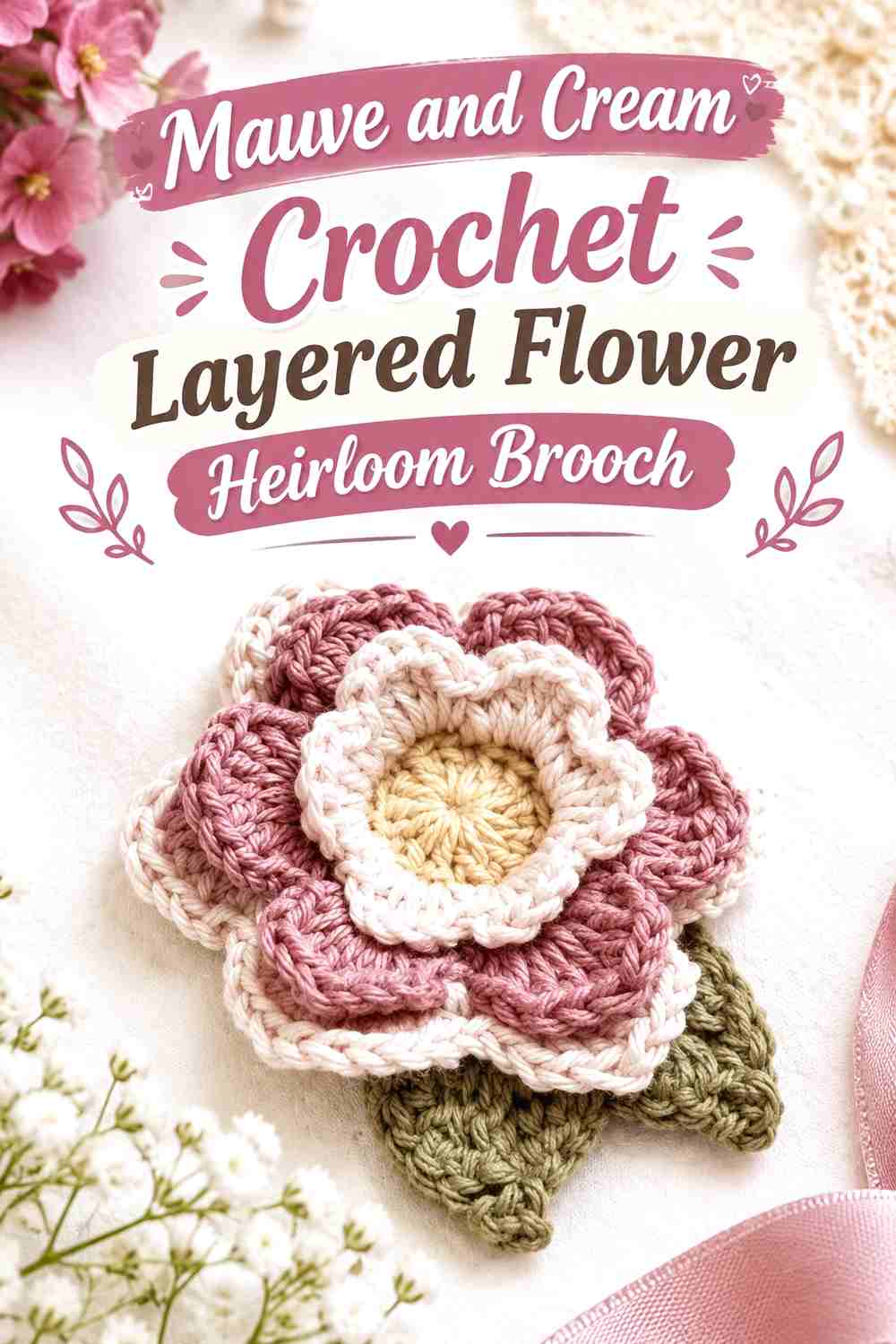 6. Mauve And Cream Crochet Layered Flower Heirloom Brooch