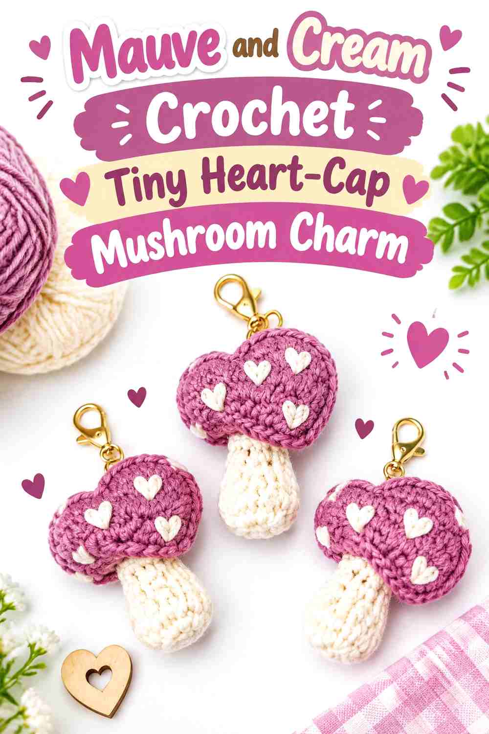13. Mauve And Cream Crochet Tiny Heart Cap Mushroom Charm