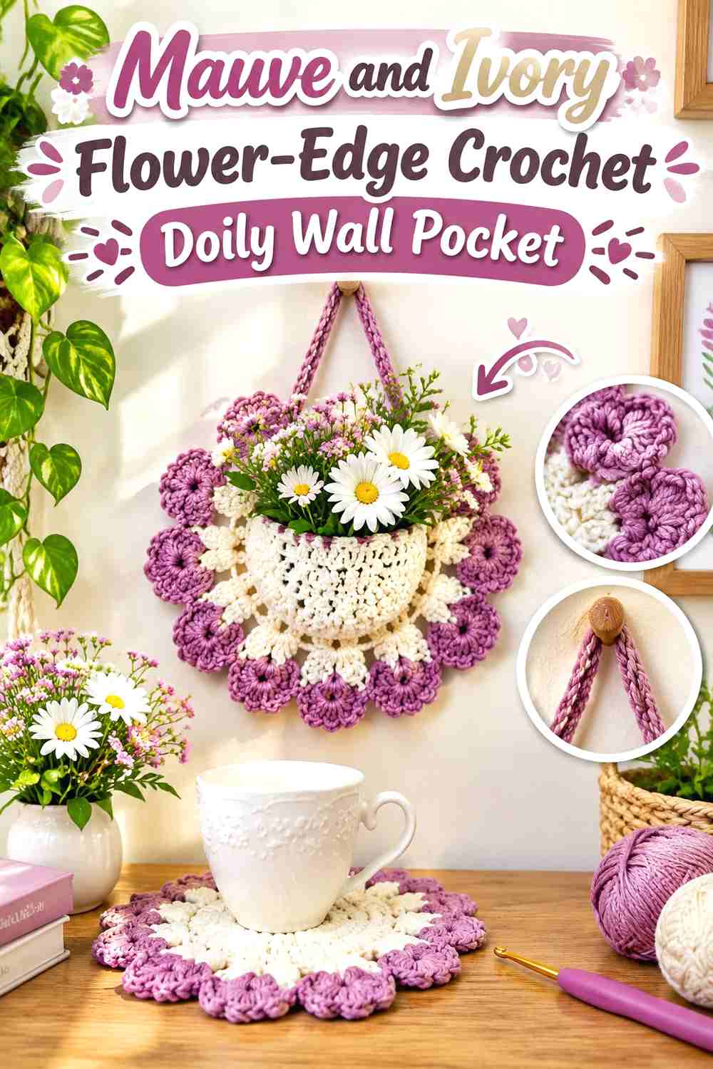 5. Mauve And Ivory Flower Edge Crochet Doily Wall Pocket