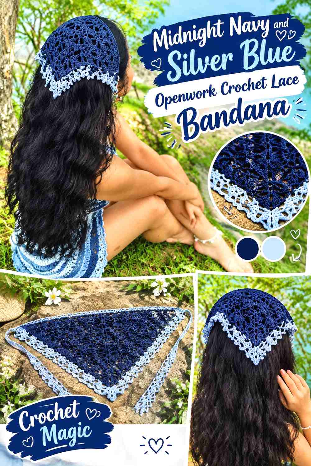3. Midnight Navy And Silver Blue Openwork Crochet Lace Bandana