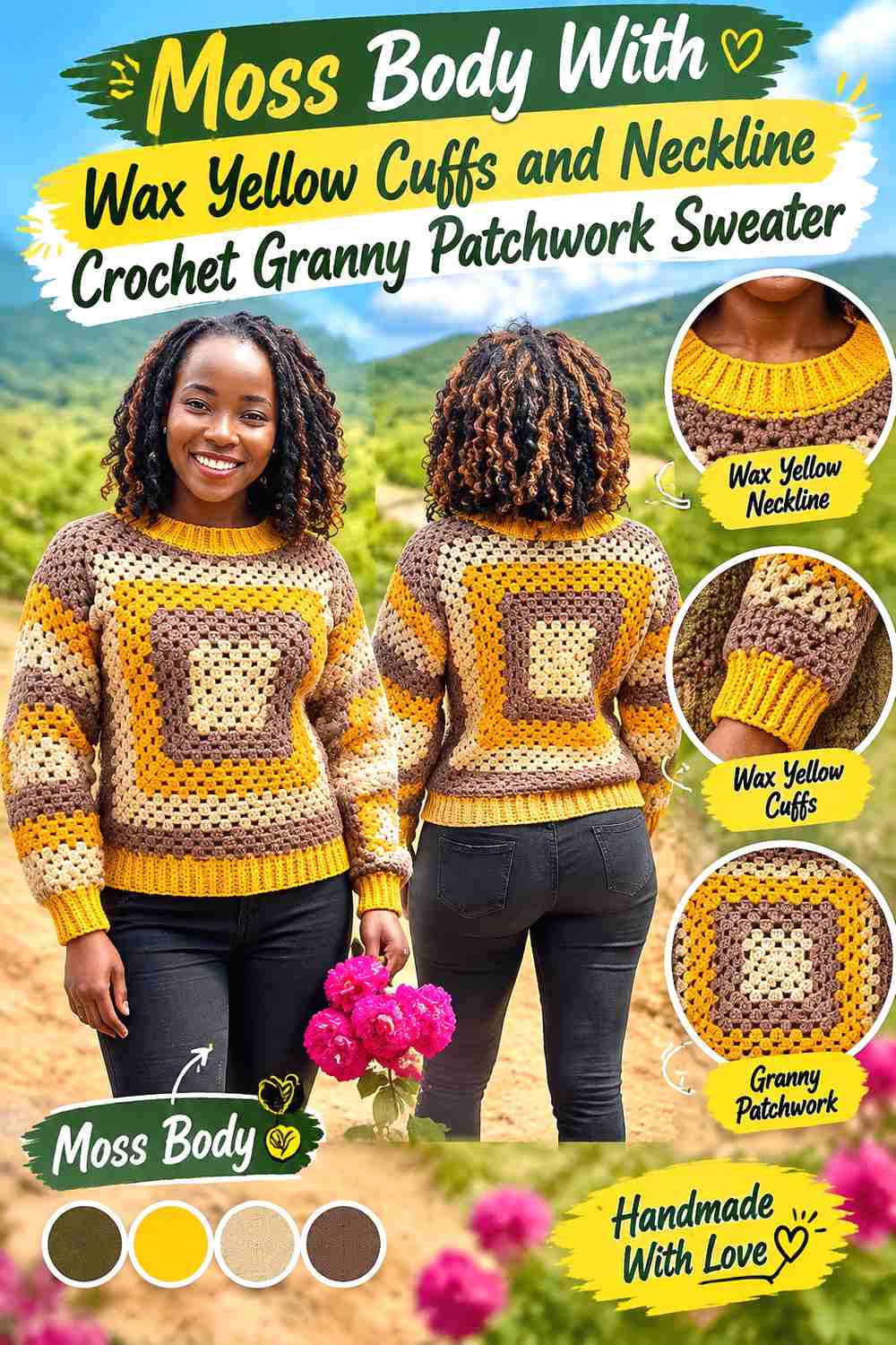 14. Moss Body With Wax Yellow Cuffs and Neckline Crochet Granny Patchwork Sweater