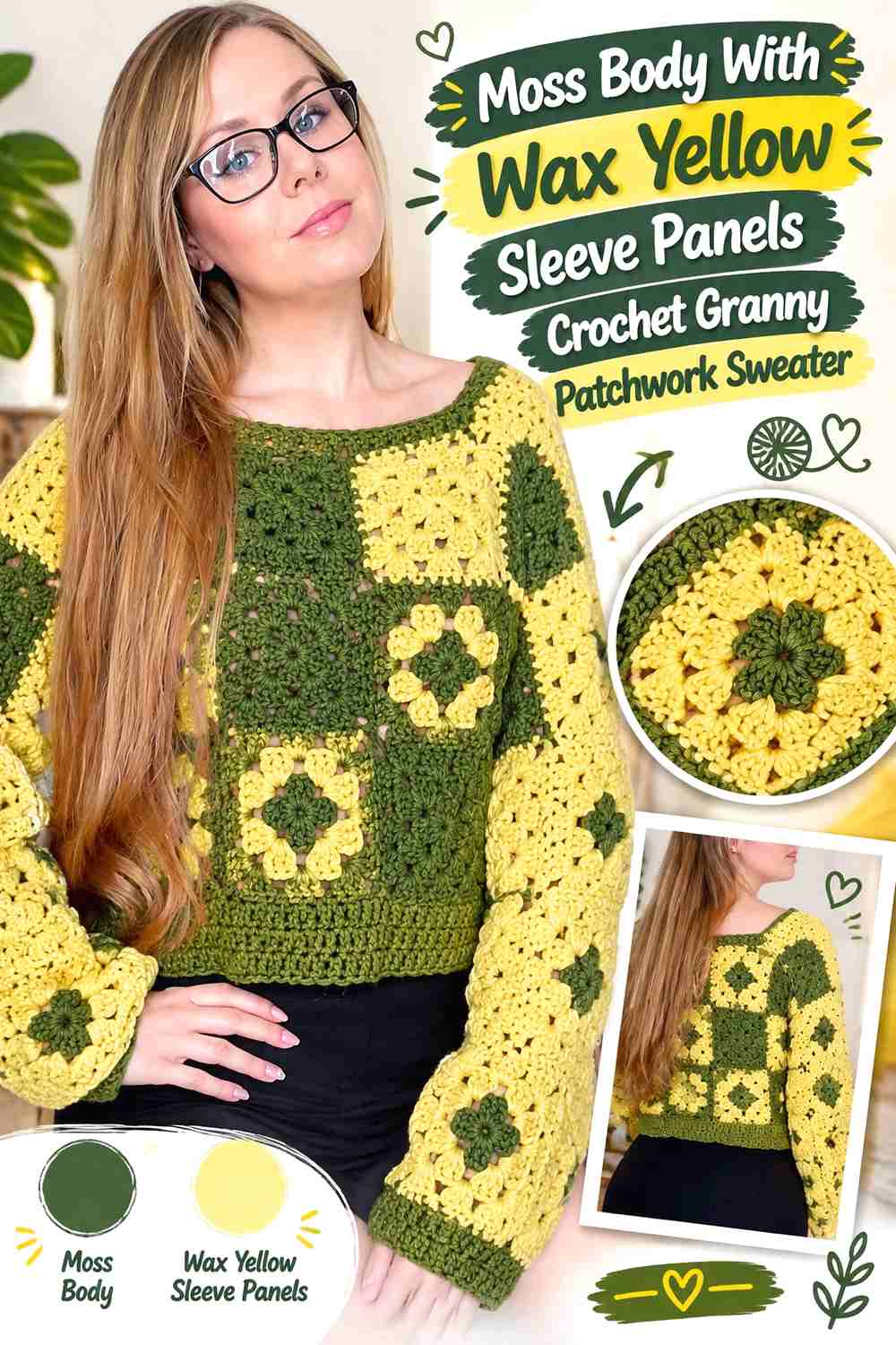 6. Moss Body With Wax Yellow Sleeve Panels Crochet Granny Patchwork Sweater