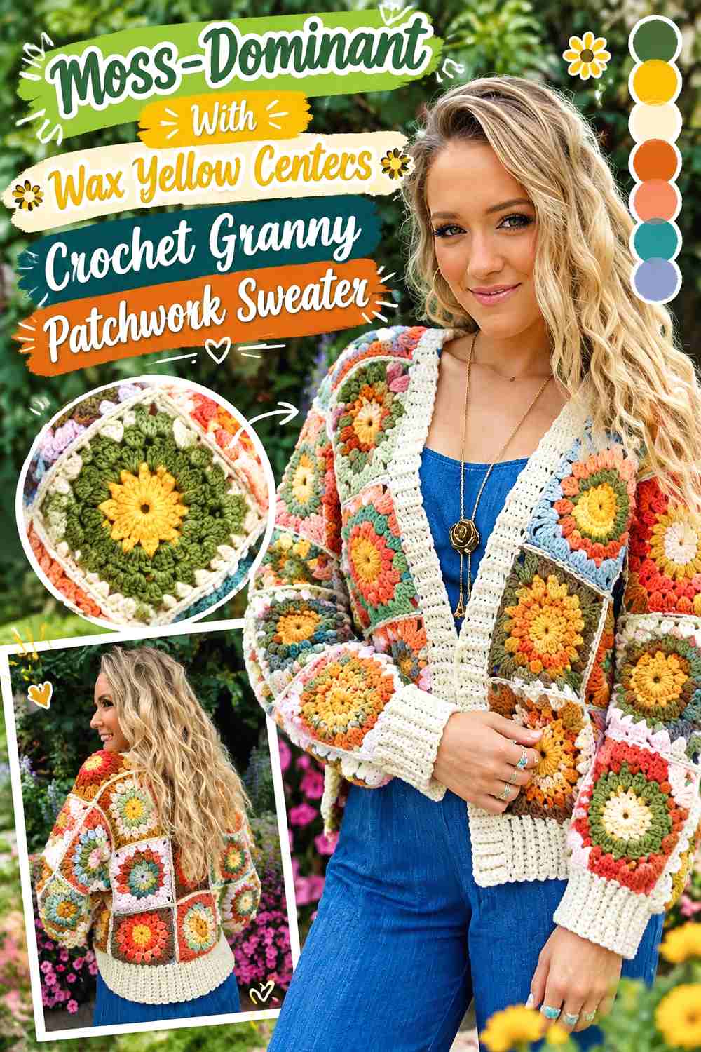 1. Moss-Dominant With Wax Yellow Centers Crochet Granny Patchwork Sweater