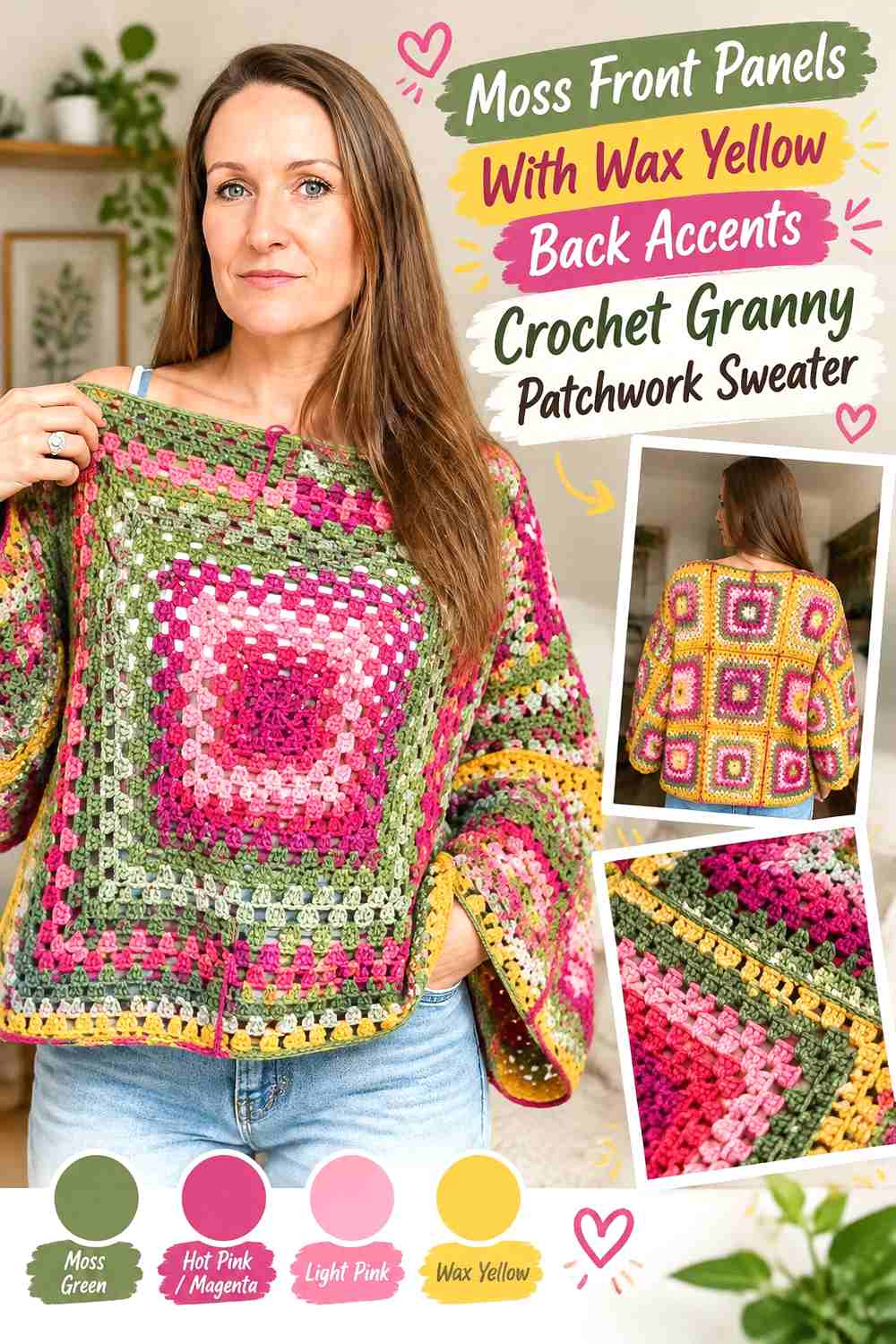 13. Moss Front Panels With Wax Yellow Back Accents Crochet Granny Patchwork Sweater