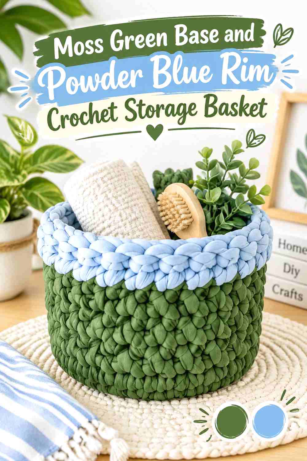 9. Moss Green Base And Powder Blue Rim Crochet Storage Basket
