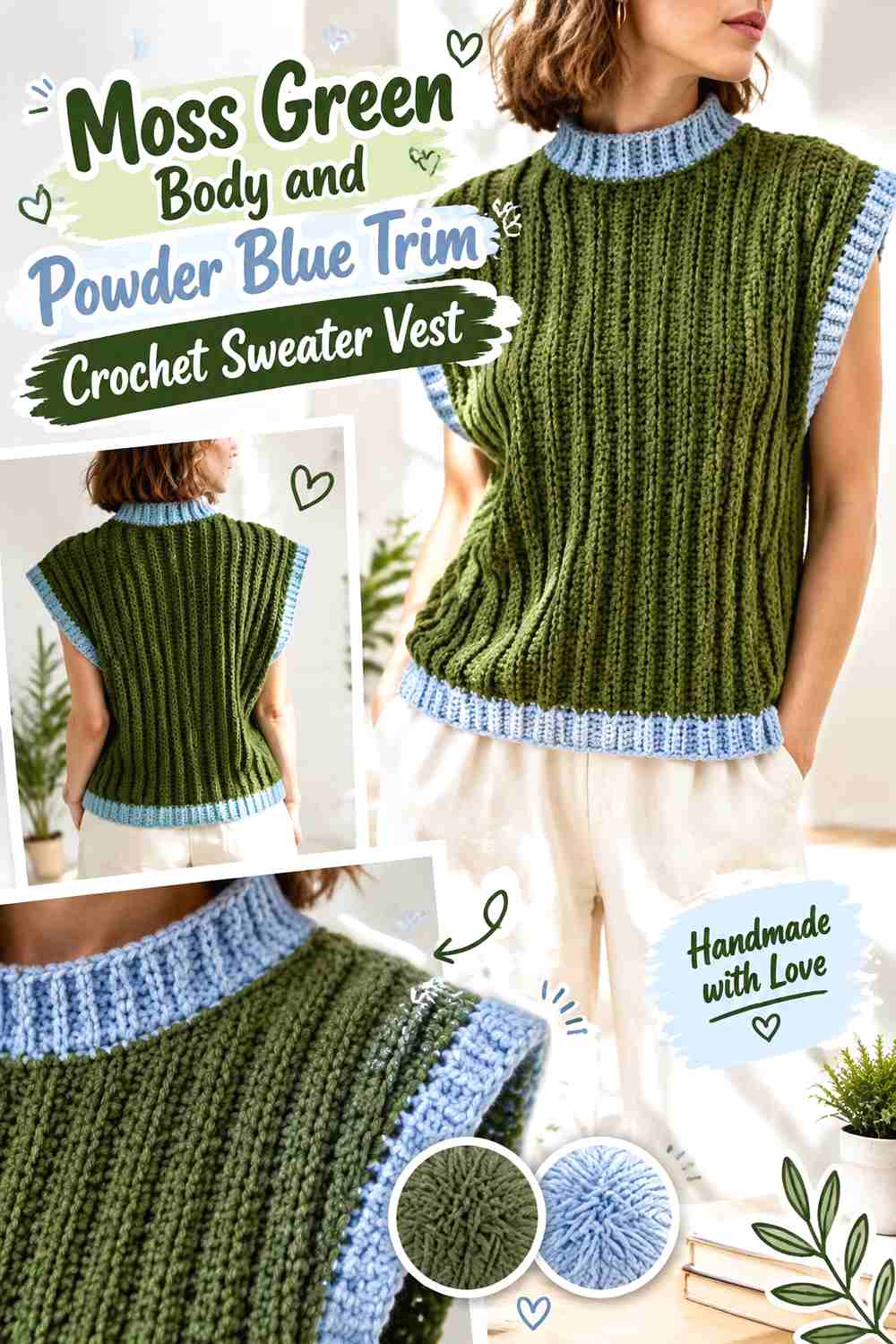 8. Moss Green Body And Powder Blue Trim Crochet Sweater Vest