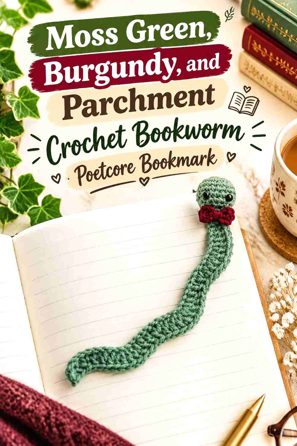 12. Moss Green Burgundy And Parchment Crochet Bookworm Poetcore Bookmark