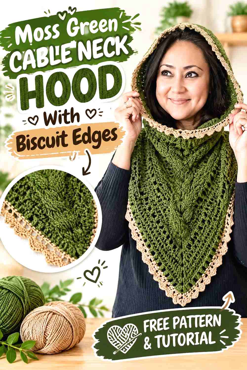 19. Moss Green Cable Neck Hood With Biscuit Edges
