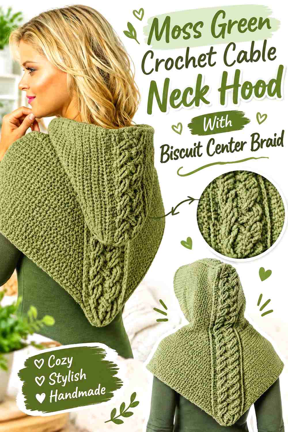 1. Moss Green Crochet Cable Neck Hood With Biscuit Center Braid