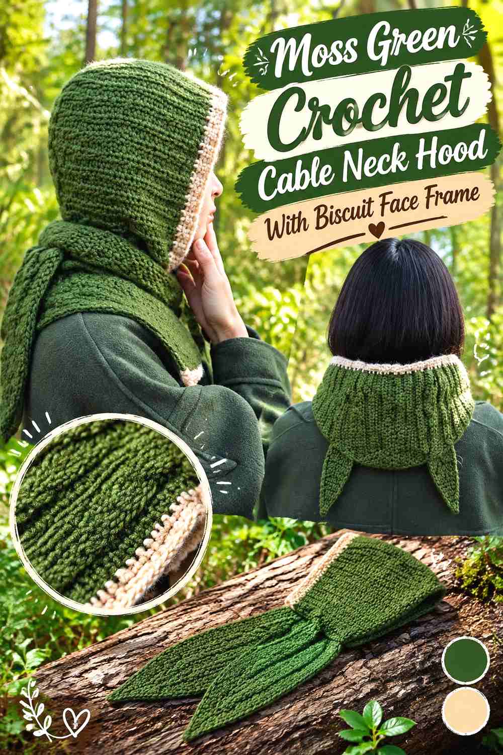 5. Moss Green Crochet Cable Neck Hood With Biscuit Face Frame