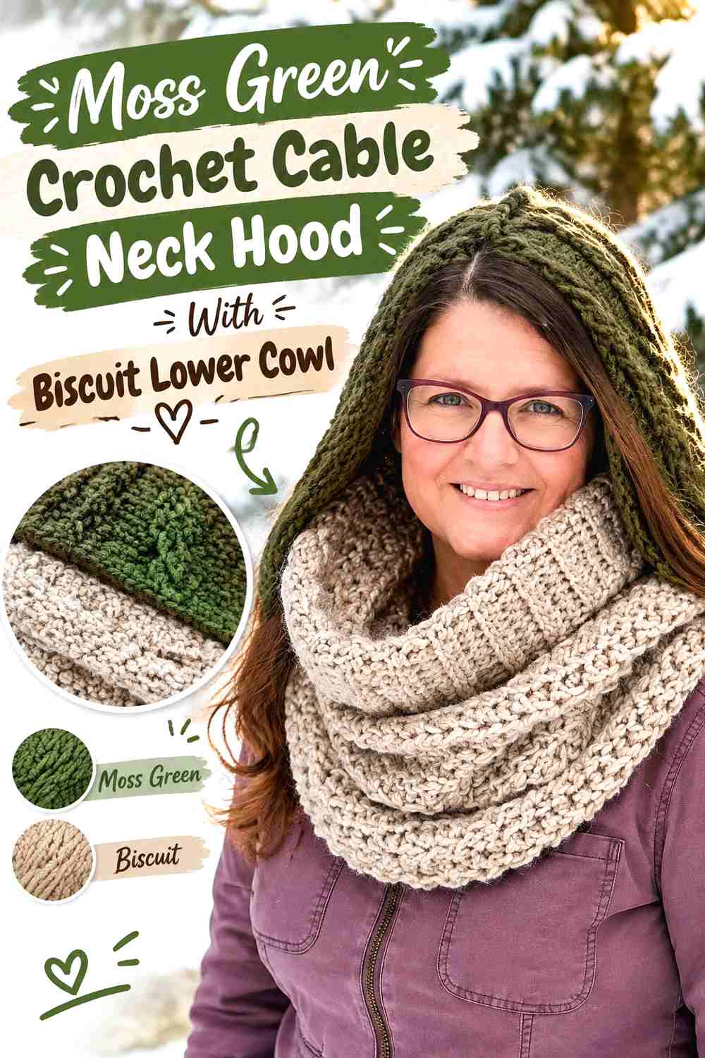 13. Moss Green Crochet Cable Neck Hood With Biscuit Lower Cowl