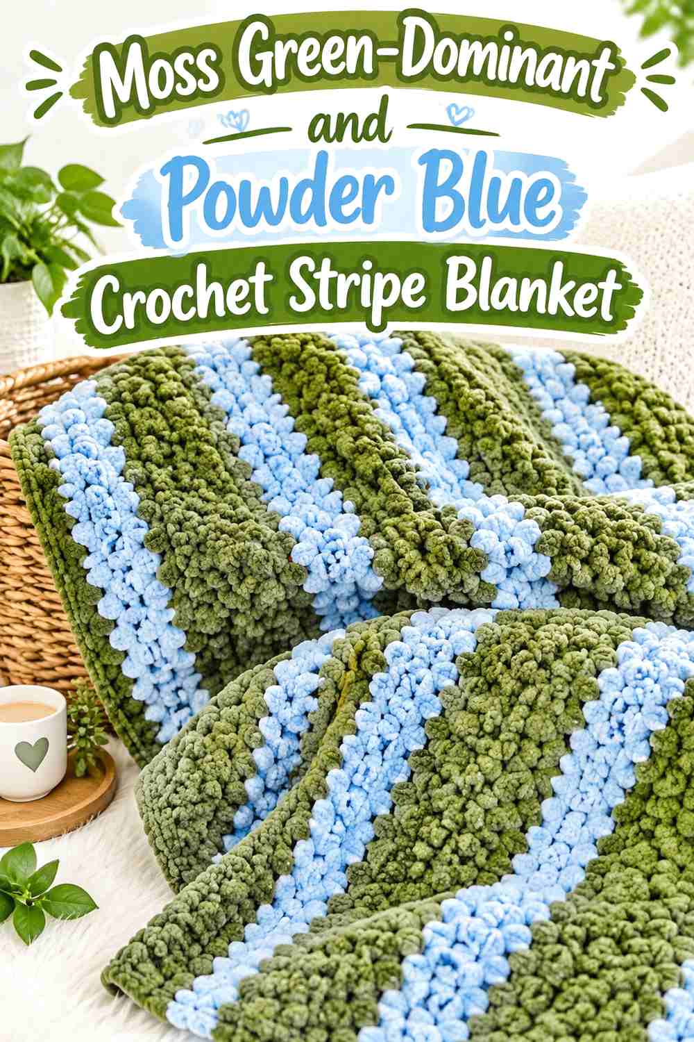 1. Moss Green Dominant And Powder Blue Crochet Stripe Blanket