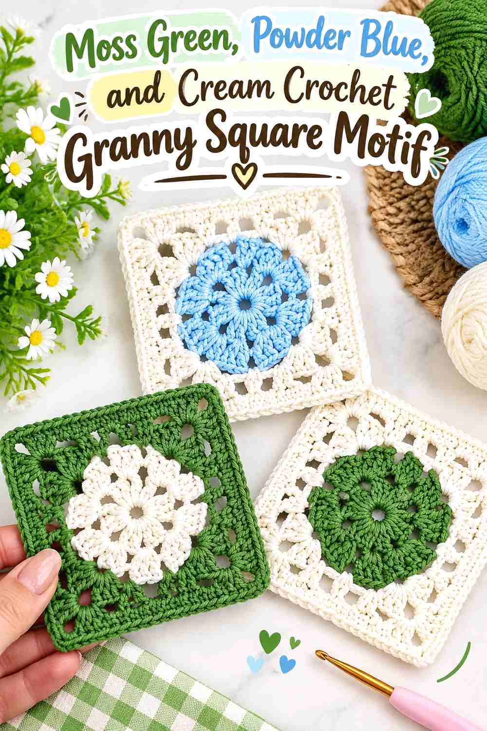 11. Moss Green Powder Blue And Cream Crochet Granny Square Motif