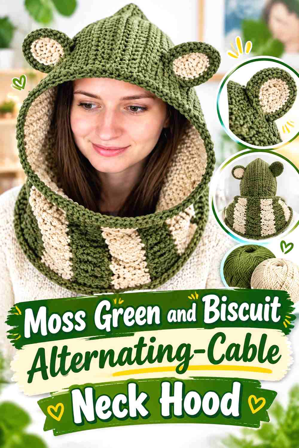17. Moss Green and Biscuit Alternating-Cable Neck Hood