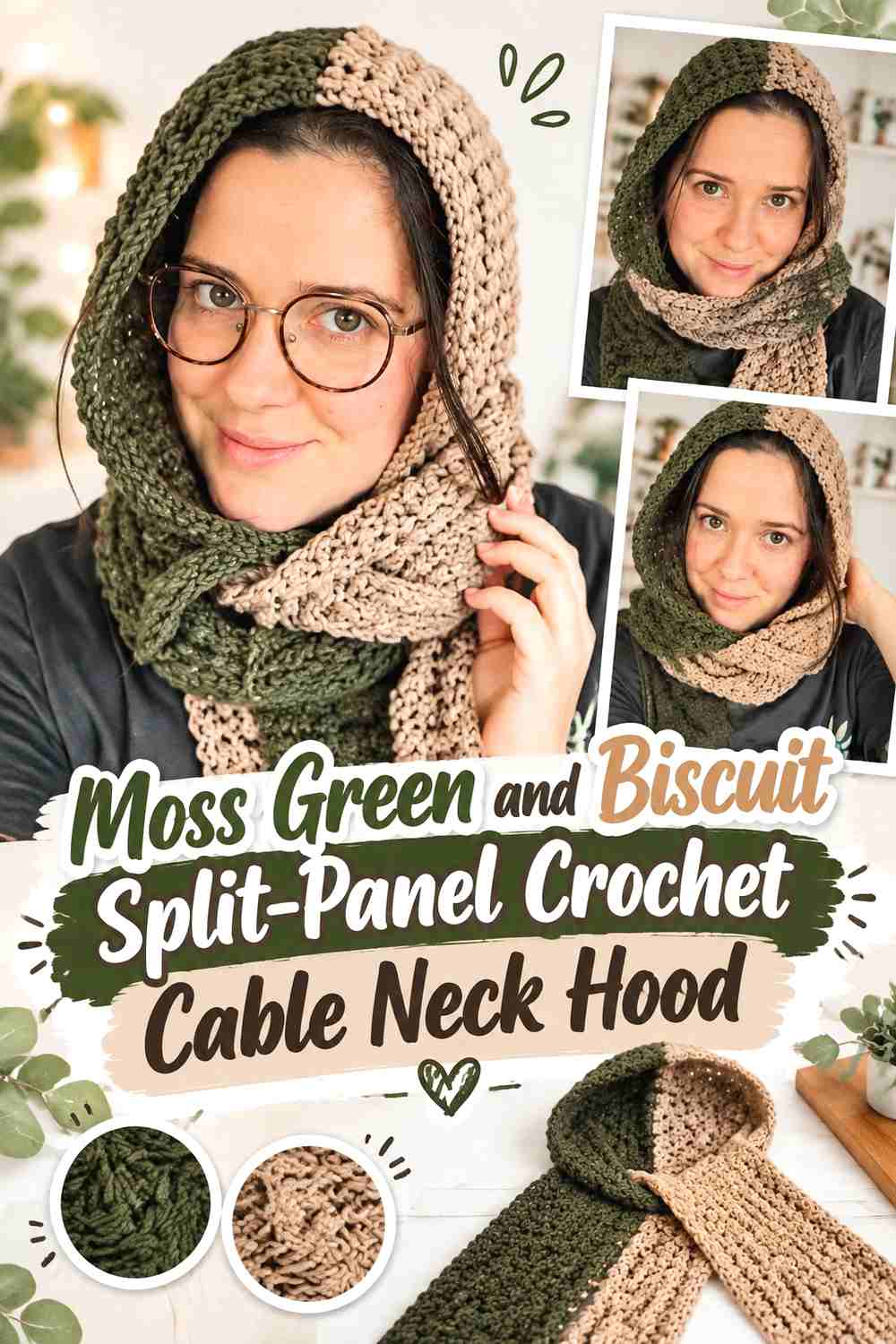 18. Moss Green and Biscuit Split-Panel Crochet Cable Neck Hood