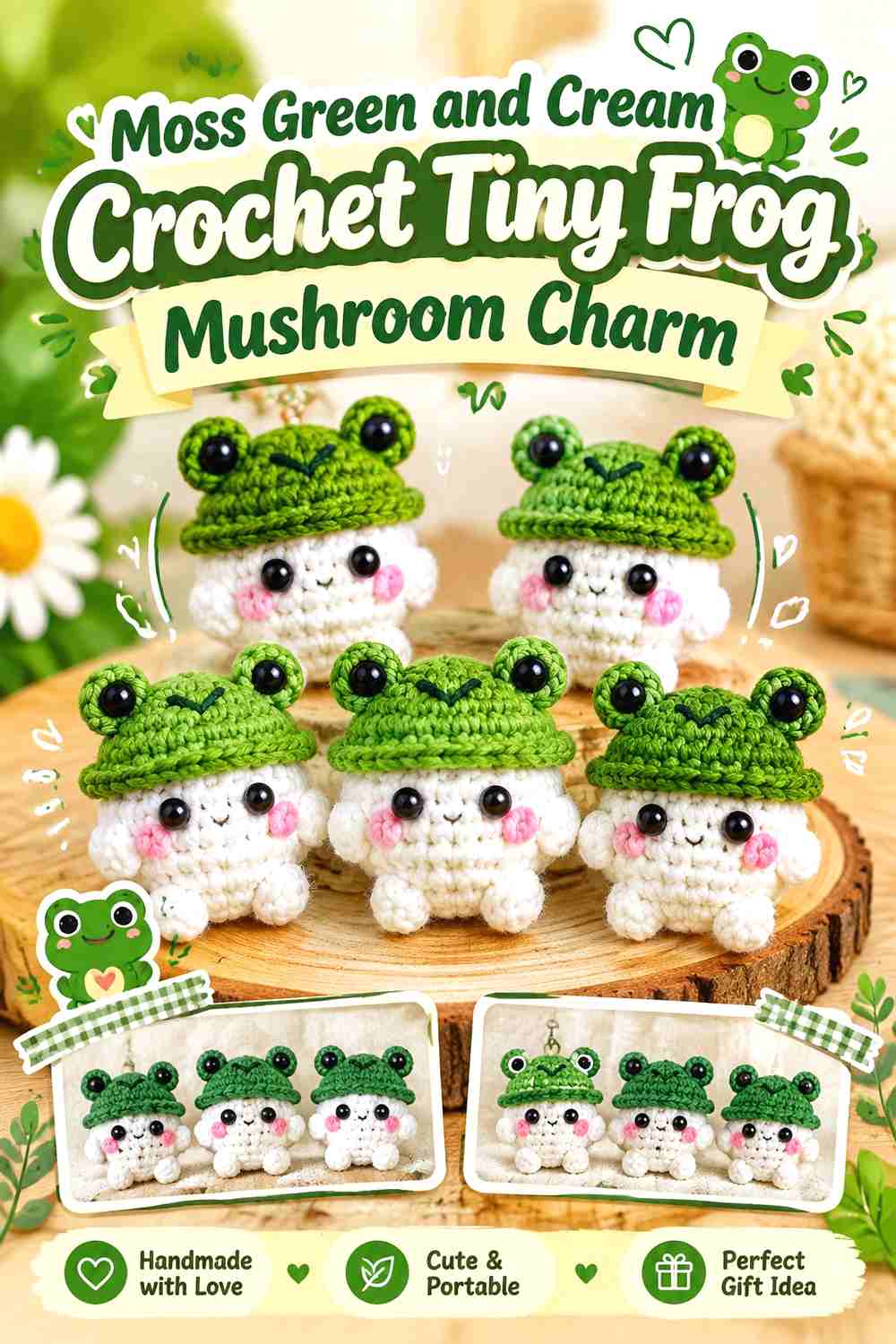 7. Moss Green And Cream Crochet Tiny Frog Mushroom Charm
