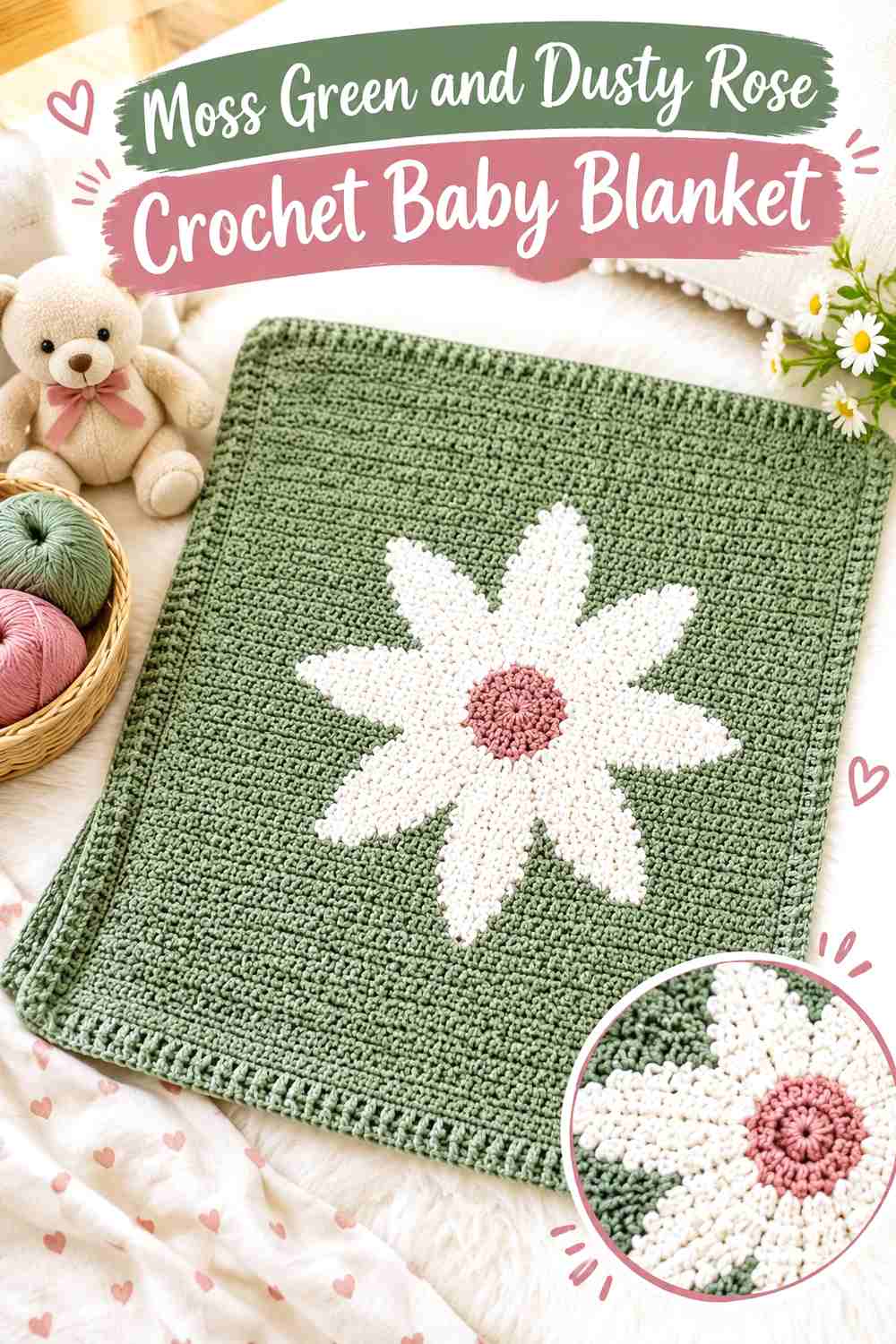 7. Moss Green And Dusty Rose Crochet Baby Blanket