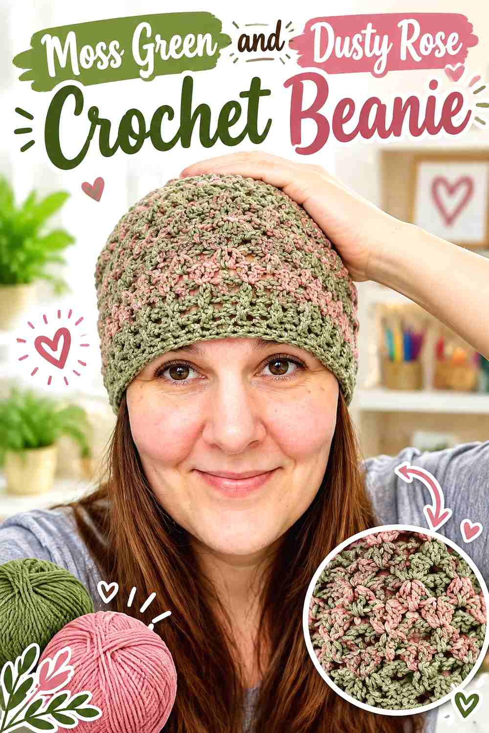 6. Moss Green And Dusty Rose Crochet Beanie