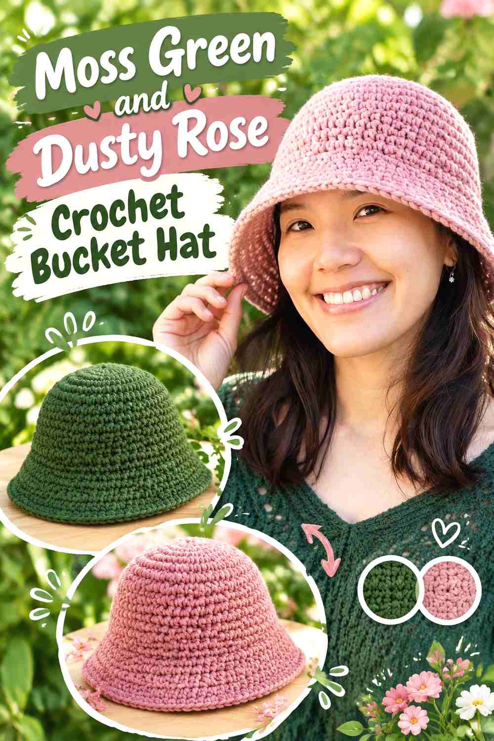 9. Moss Green And Dusty Rose Crochet Bucket Hat