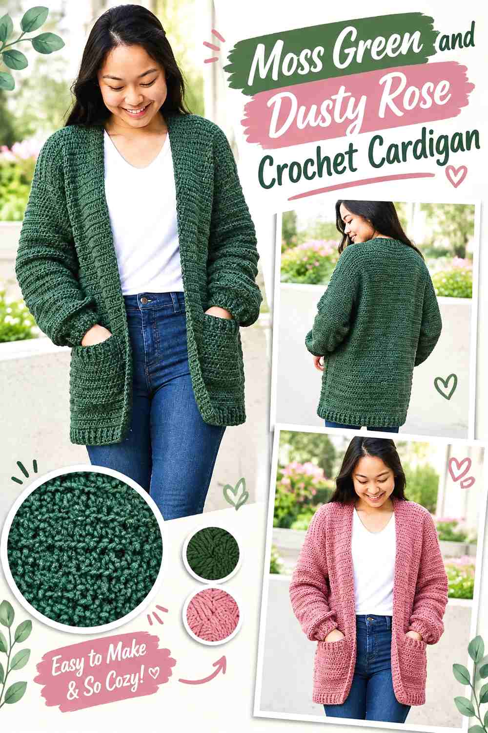 2. Moss Green And Dusty Rose Crochet Cardigan