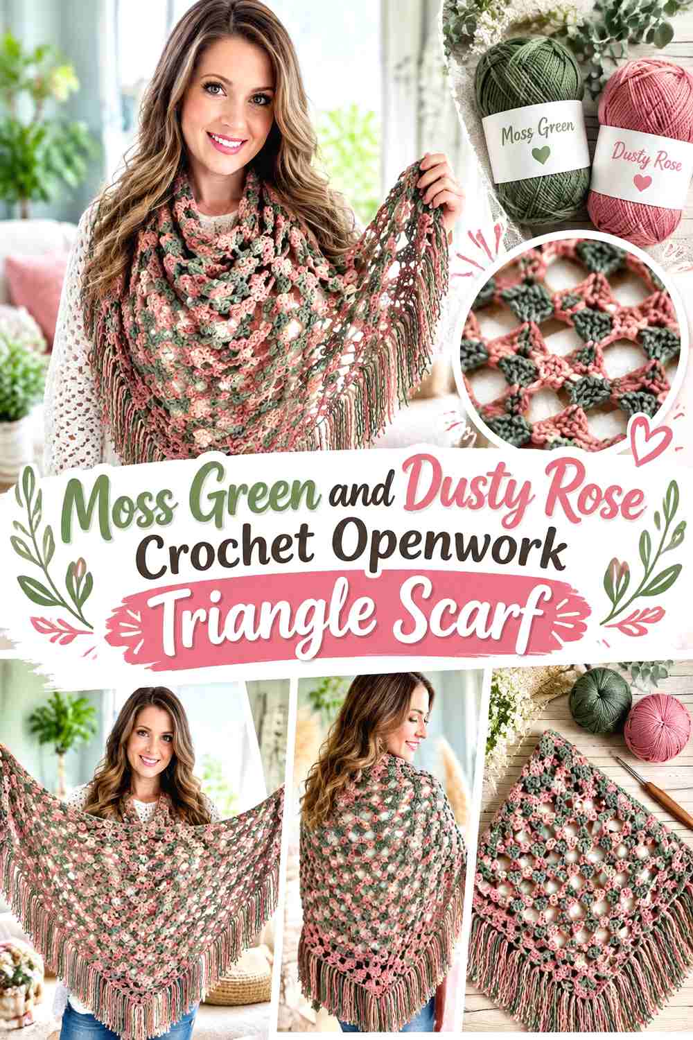 9. Moss Green And Dusty Rose Crochet Openwork Triangle Scarf