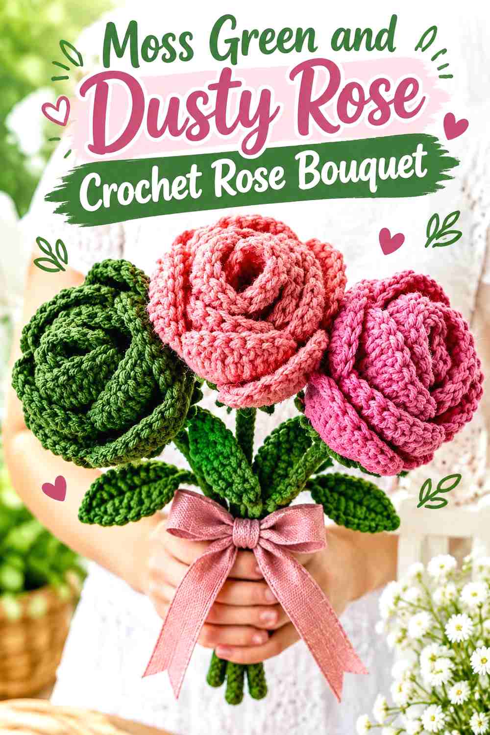 10. Moss Green And Dusty Rose Crochet Rose Bouquet