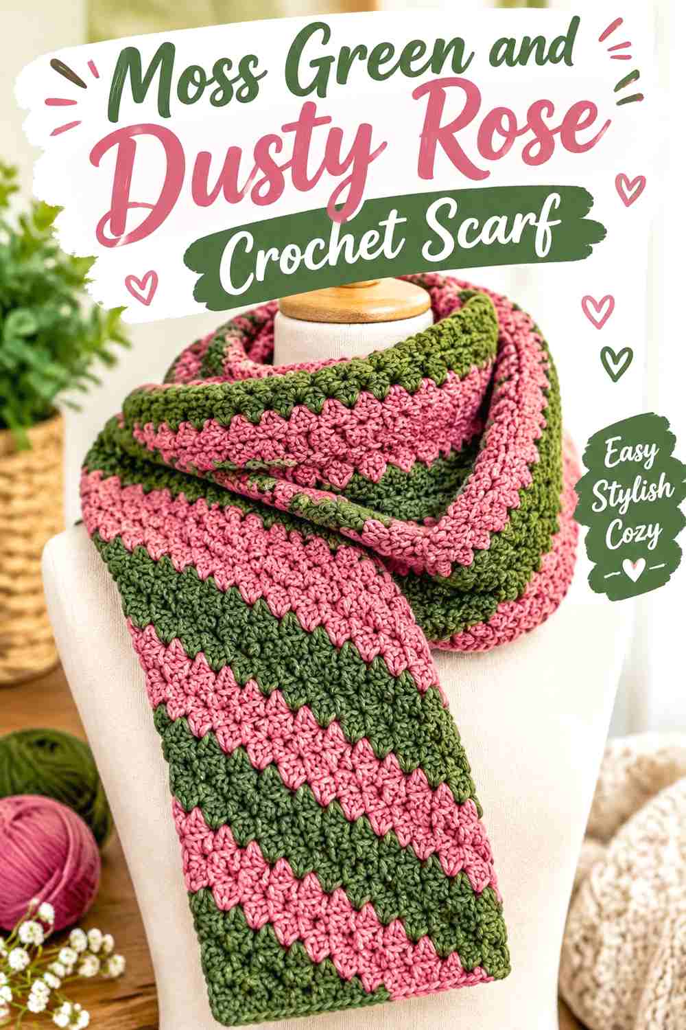 5. Moss Green And Dusty Rose Crochet Scarf