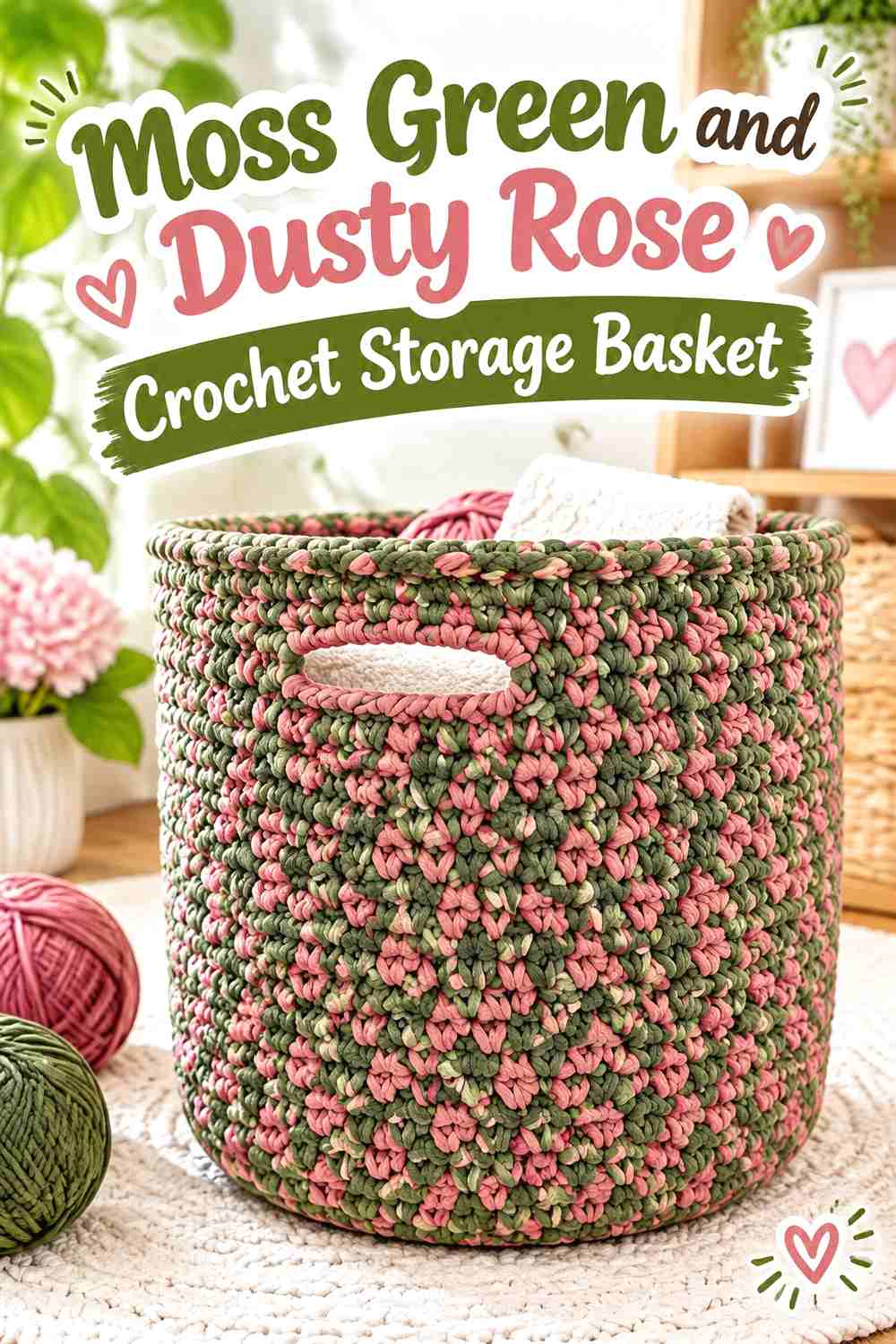 12. Moss Green And Dusty Rose Crochet Storage Basket