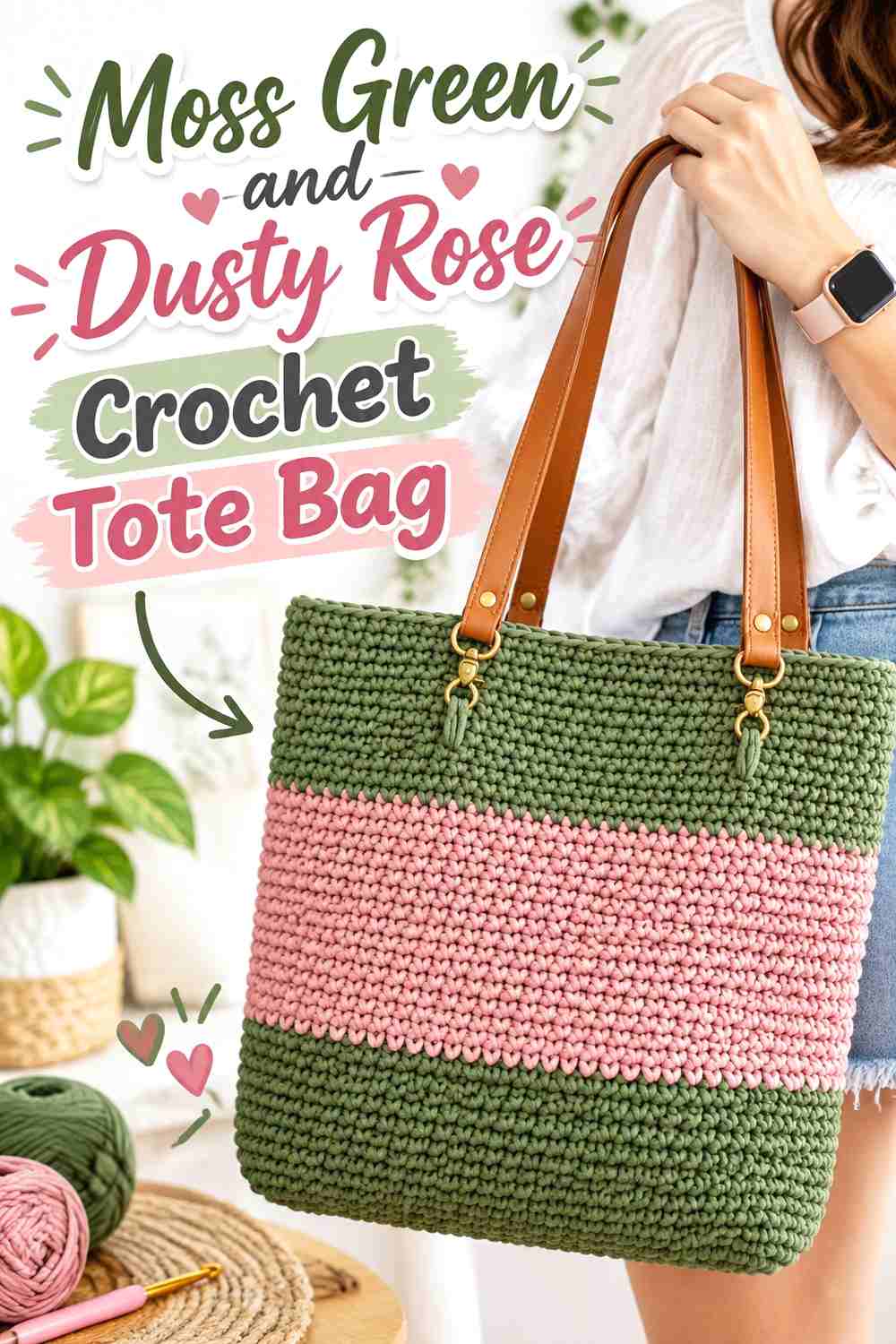4. Moss Green And Dusty Rose Crochet Tote Bag