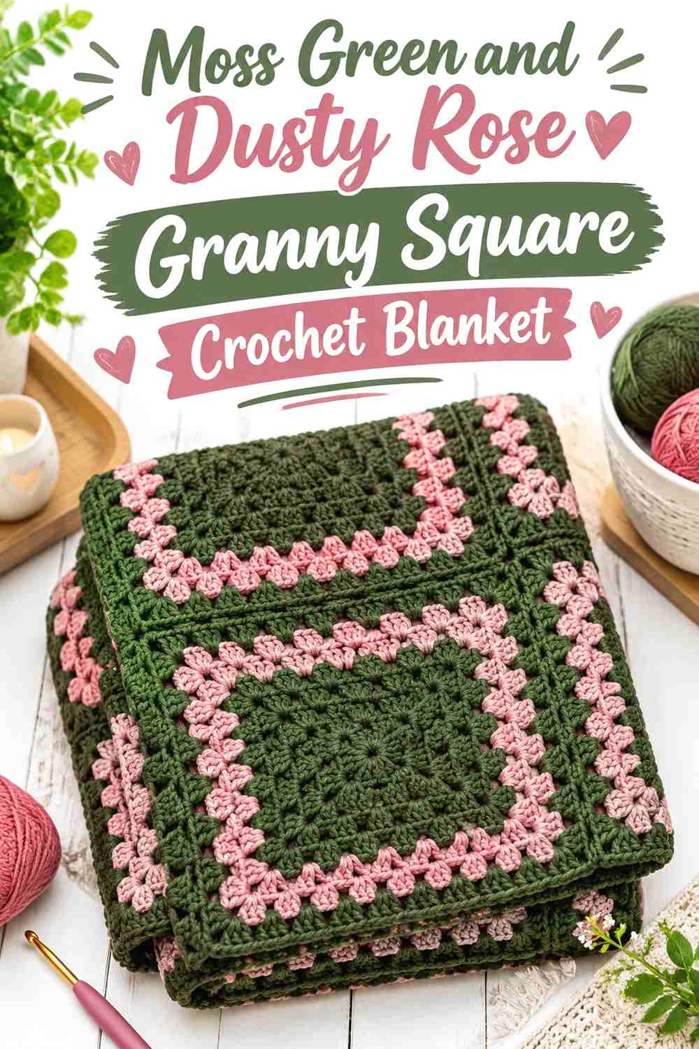 1. Moss Green And Dusty Rose Granny Square Crochet Blanket
