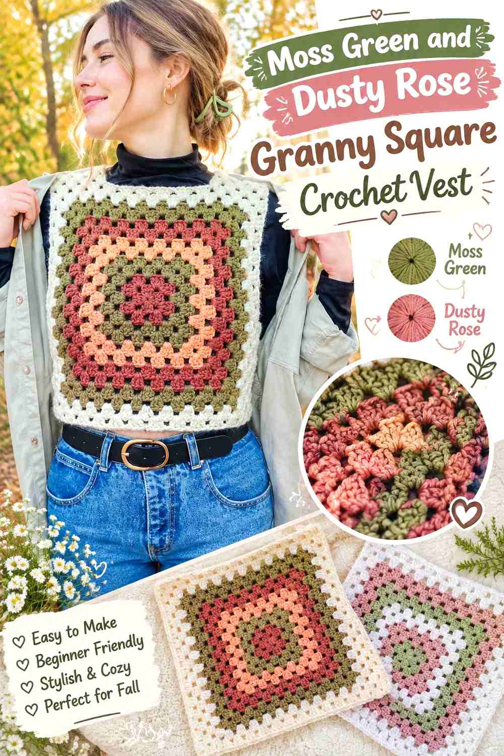 8. Moss Green And Dusty Rose Granny Square Crochet Vest