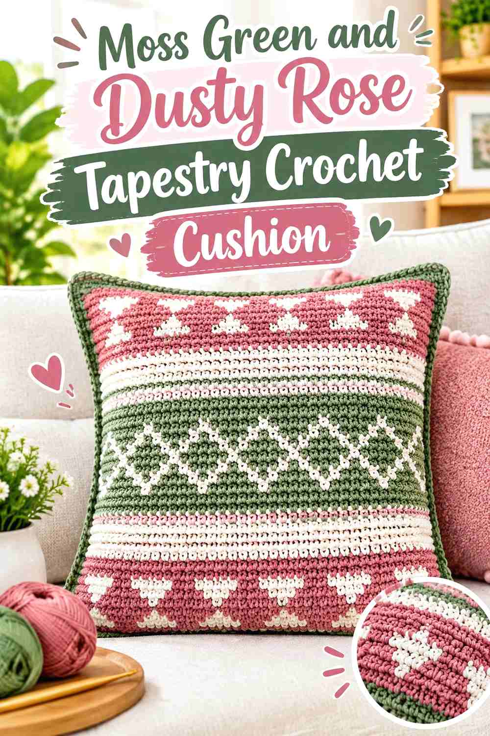 3. Moss Green And Dusty Rose Tapestry Crochet Cushion