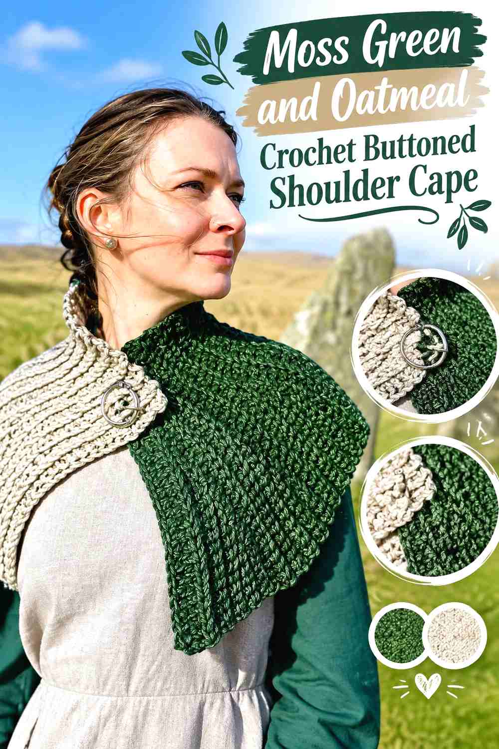 7. Moss Green And Oatmeal Crochet Buttoned Shoulder Cape