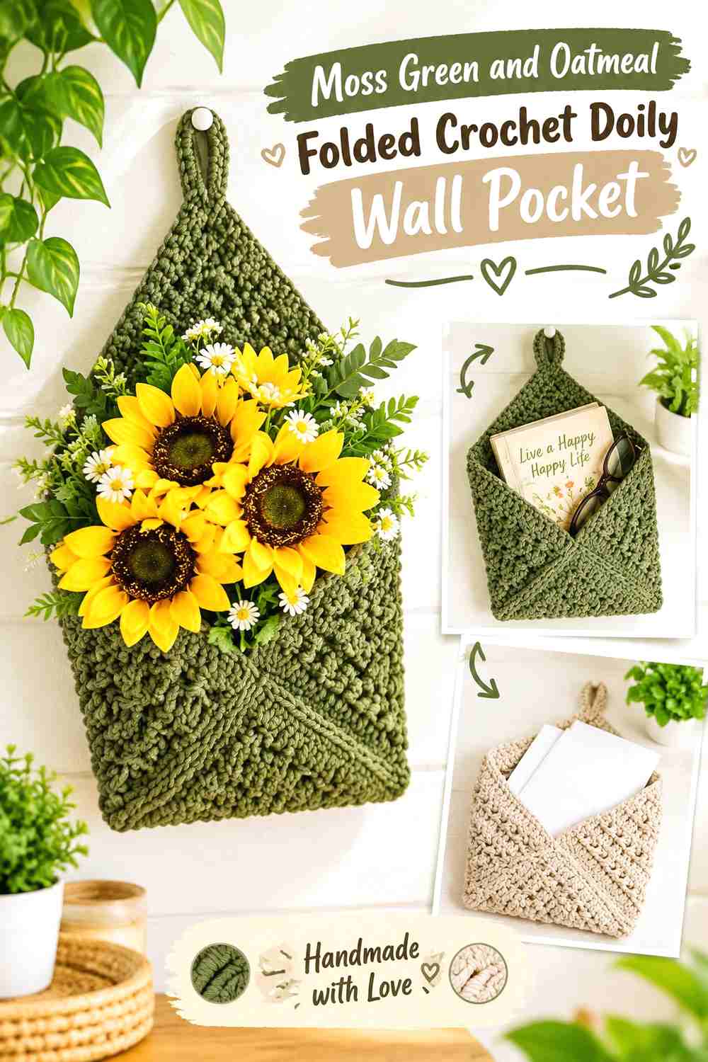 8. Moss Green And Oatmeal Folded Crochet Doily Wall Pocket
