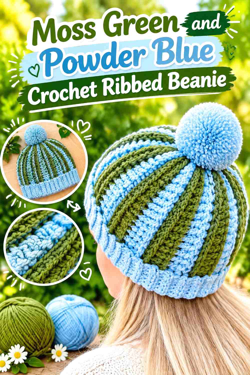 6. Moss Green And Powder Blue Crochet Ribbed Beanie