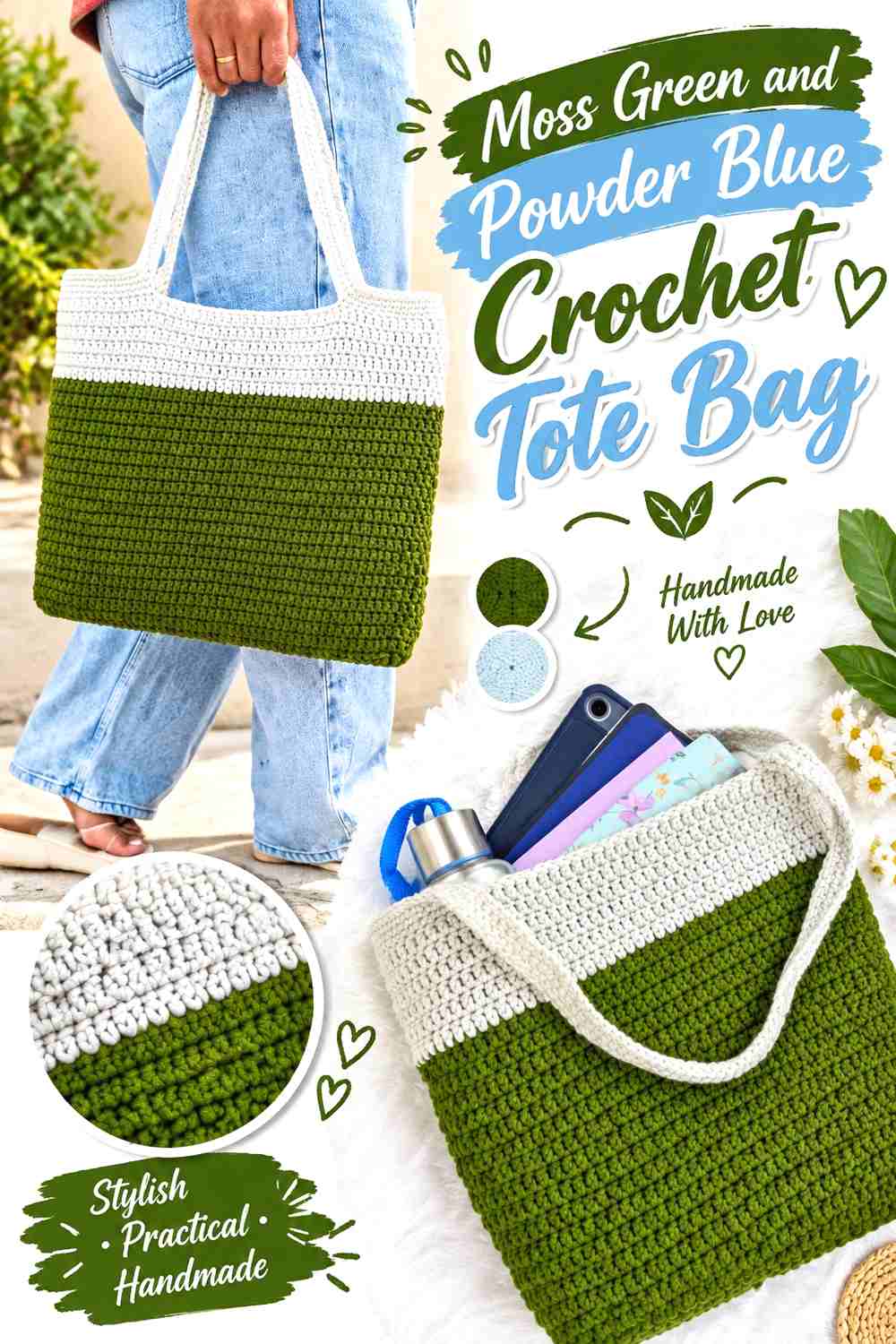 3. Moss Green And Powder Blue Crochet Tote Bag