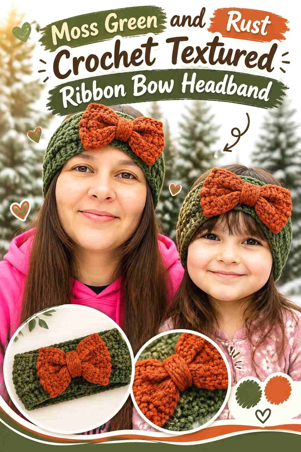 8. Moss Green And Rust Crochet Textured Ribbon Bow Headband
